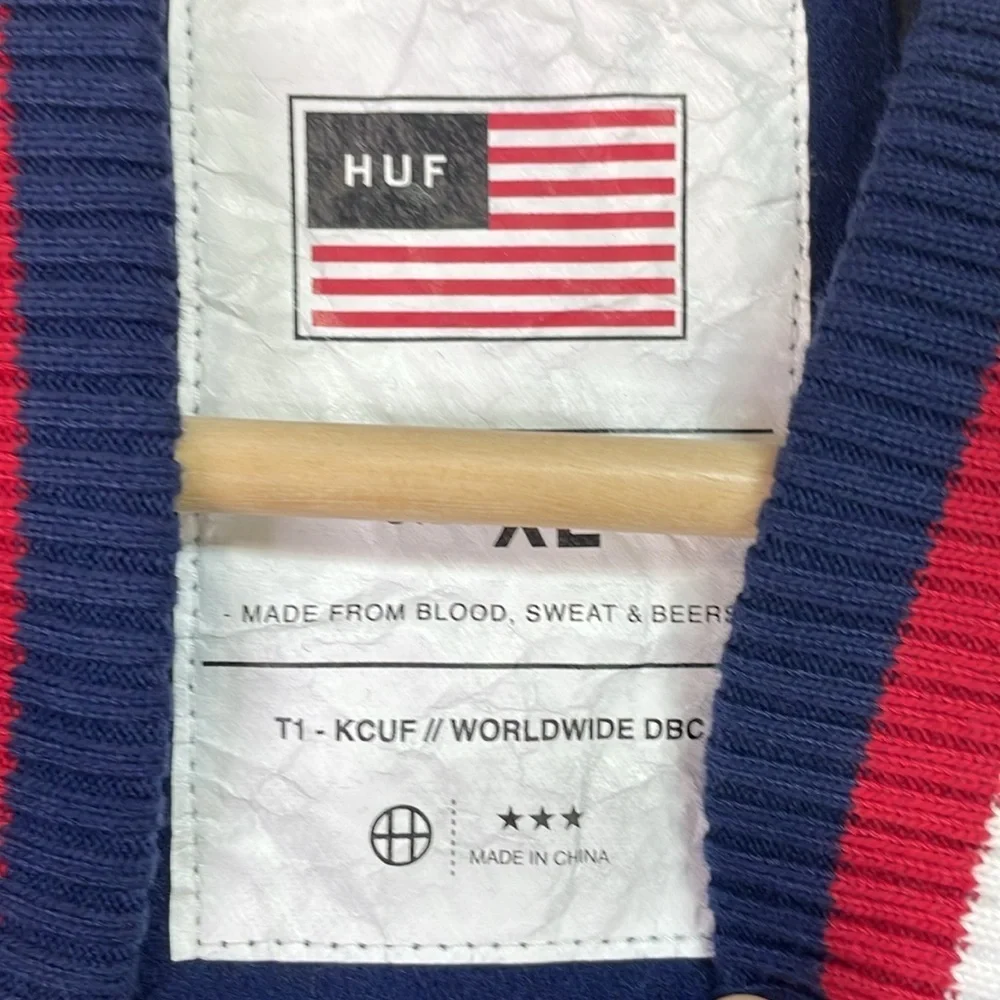 🛵 nwt Huf navy blue wool varsity jacket with red white and blue ribbed trim